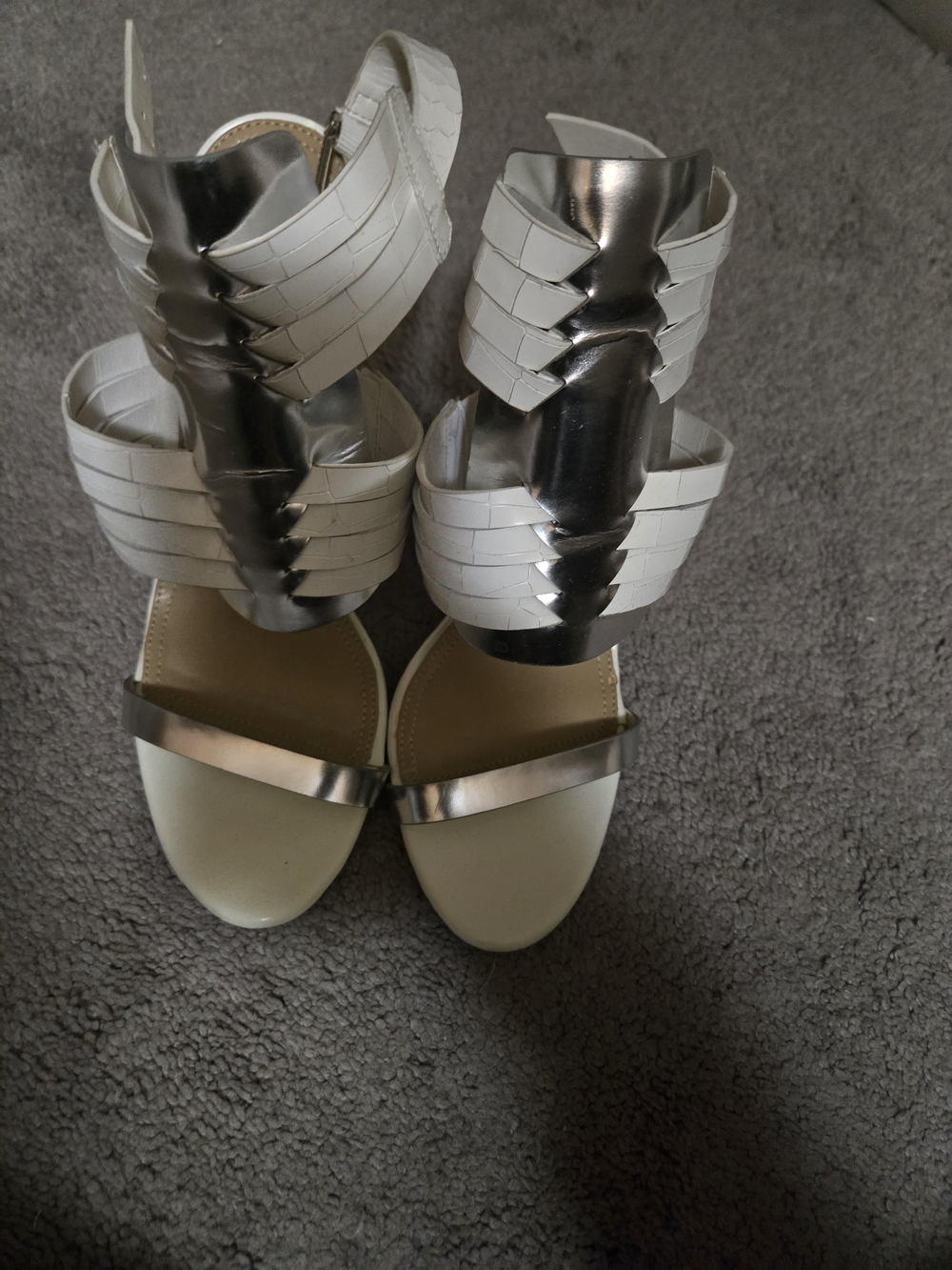 BCBGMaxAzria White and Silver Strappy High-Heel Sandals